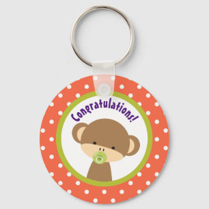 Brown Baby Monkey with Pacifier Congratulations Keychain