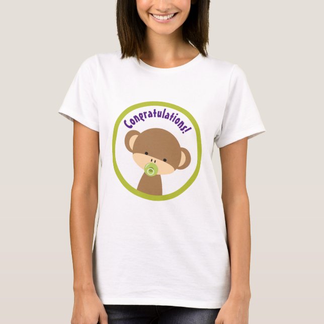 Brown Baby Monkey with Pacifier Congratulations T-Shirt (Front)