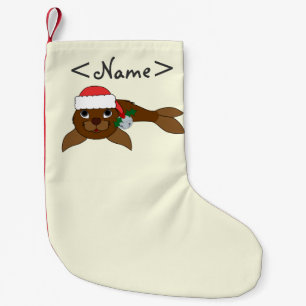 Brown Baby Seal with Santa Hat & Silver Bell Small Christmas Stocking
