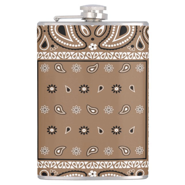 Brown Bandana Paisley Country Hip Hop Cowboy Hip Flask (Front)
