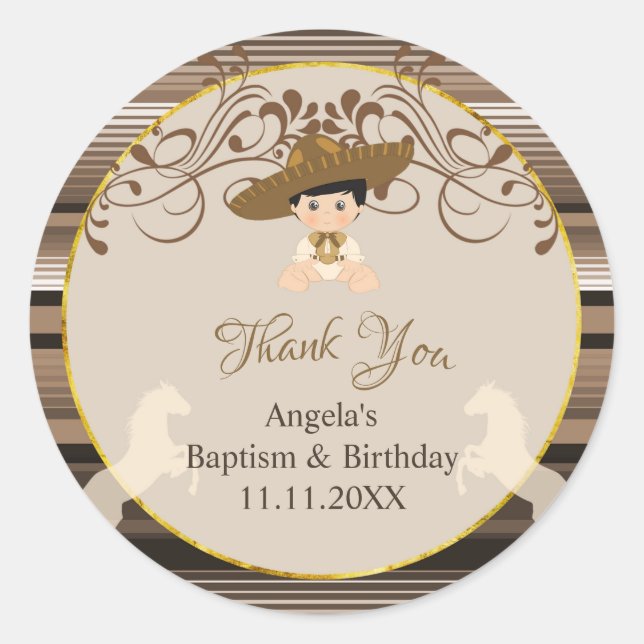 Brown Baptism First Birthday Thank You Sticker (Front)