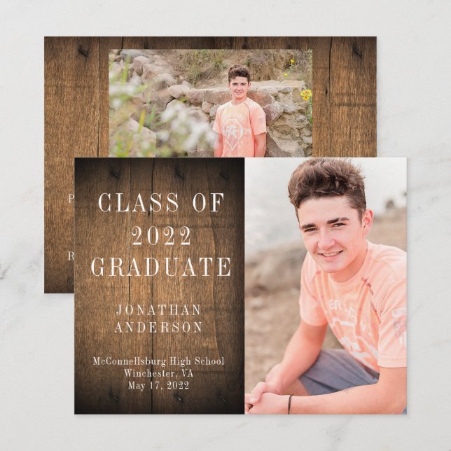 Brown Barn Wood 3 Photo Graduation Party Invitation (Front/Back)