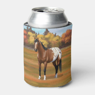 Brown Bay Appaloosa Horse in Autumn Pasture Can Cooler