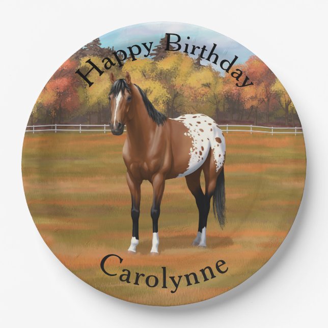 Brown Bay Appaloosa Horse in Autumn Pasture Paper Plate (Front)