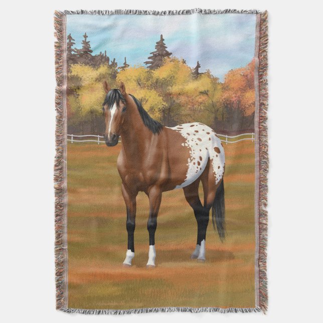 Brown Bay Appaloosa Horse in Autumn Pasture Throw Blanket (Front Vertical)