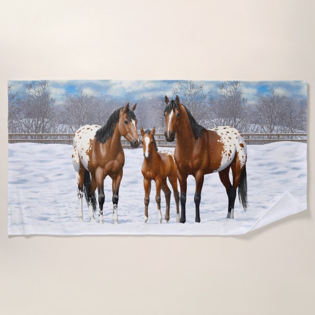 Brown Bay Appaloosa Horses In Snow Beach Towel (Front)