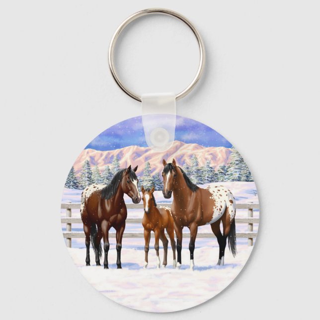Brown Bay Appaloosa Horses In Snow Keychain (Front)