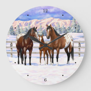 Brown Bay Appaloosa Horses In Snow Large Clock