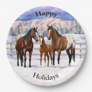 Brown Bay Appaloosa Horses In Snow Paper Plate