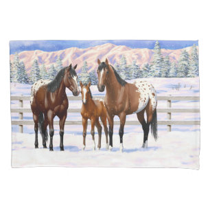 Brown Bay Appaloosa Horses In Snow Pillowcase