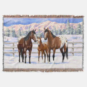 Brown Bay Appaloosa Horses In Snow Throw Blanket