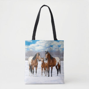 Brown Bay Appaloosa Horses In Snow Tote Bag