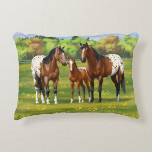 Brown Bay Appaloosa Horses In Summer Pasture Accent Pillow