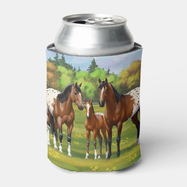 Brown Bay Appaloosa Horses In Summer Pasture Can Cooler (Can Front)