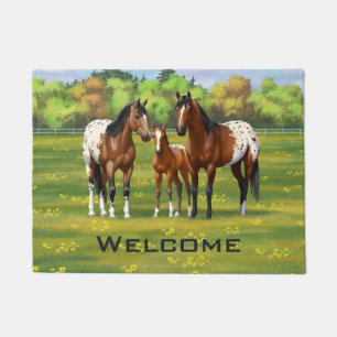 Brown Bay Appaloosa Horses In Summer Pasture Doormat