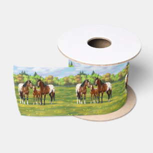 Brown Bay Appaloosa Horses In Summer Pasture Satin Ribbon