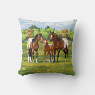 Brown Bay Appaloosa Horses In Summer Pasture Throw Pillow