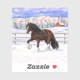 Brown Bay Gypsy Vanner Draught Horse In Snow