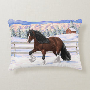 Brown Bay Gypsy Vanner Draught Horse In Snow Accent Pillow