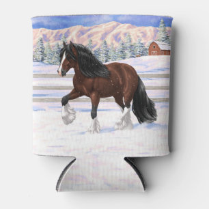 Brown Bay Gypsy Vanner Draught Horse In Snow Can Cooler
