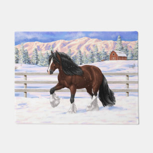 Brown Bay Gypsy Vanner Draught Horse In Snow Doormat