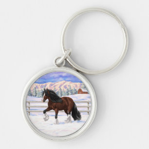 Brown Bay Gypsy Vanner Draught Horse In Snow Keychain