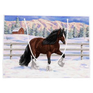 Brown Bay Gypsy Vanner Draught Horse In Snow Large Gift Bag