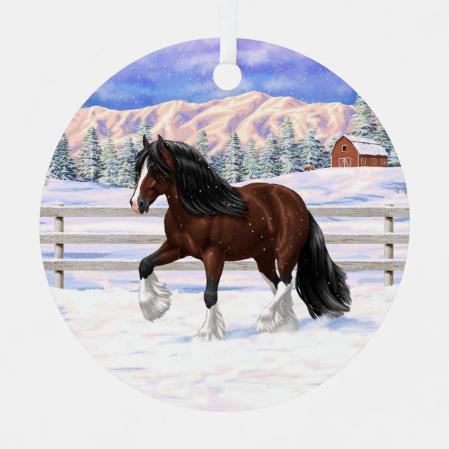 Brown Bay Gypsy Vanner Draught Horse In Snow Metal Ornament (Front)