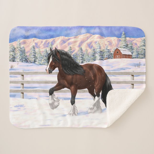 Brown Bay Gypsy Vanner Draught Horse In Snow Sherpa Blanket (Front (Horizontal))