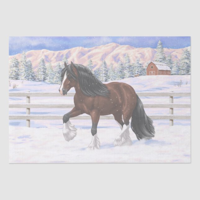 Brown Bay Gypsy Vanner Draught Horse In Snow Tissue Paper (Front)