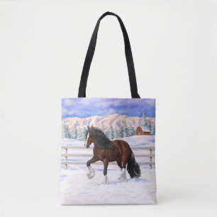 Brown Bay Gypsy Vanner Draught Horse In Snow Tote Bag