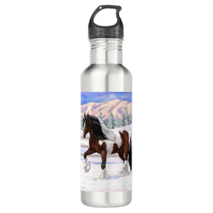 Brown Bay Pinto Gypsy Vanner Draft Horse In Snow 710 Ml Water Bottle