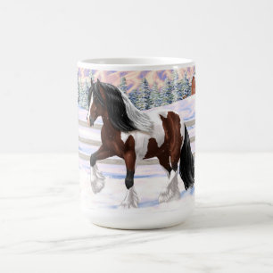 Brown Bay Pinto Gypsy Vanner Draft Horse In Snow Coffee Mug