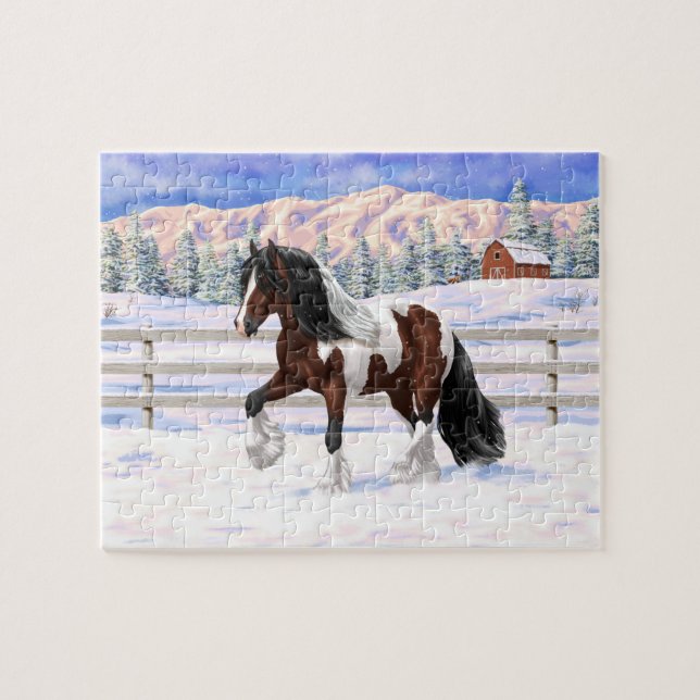 Brown Bay Pinto Gypsy Vanner Draft Horse In Snow Jigsaw Puzzle (Horizontal)