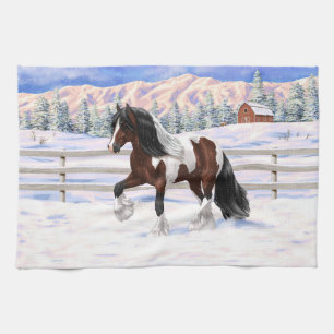 Brown Bay Pinto Gypsy Vanner Draft Horse In Snow Kitchen Towel