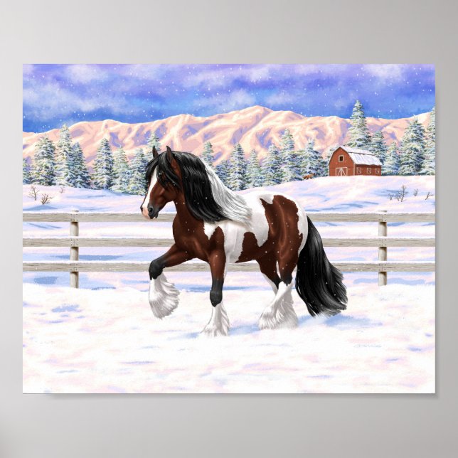 Brown Bay Pinto Gypsy Vanner Draft Horse In Snow Poster (Front)