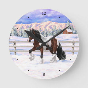 Brown Bay Pinto Gypsy Vanner Draft Horse In Snow Round Clock