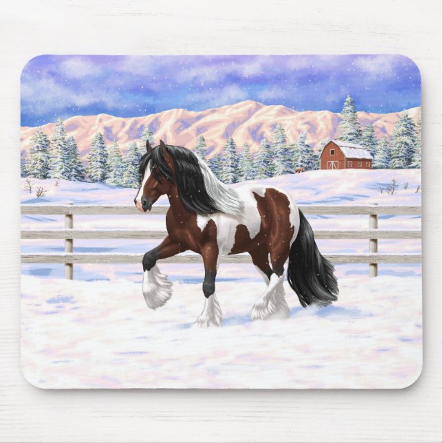 Brown Bay Pinto Gypsy Vanner Draught Horse In Snow Mouse Pad (Front)