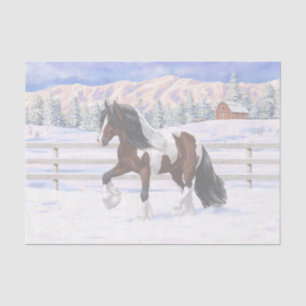 Brown Bay Pinto Gypsy Vanner Draught Horse In Snow Tissue Paper