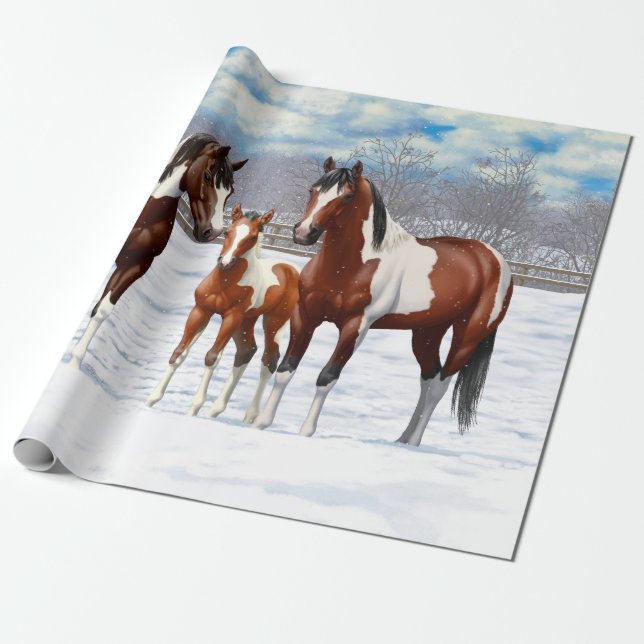 Brown Bay Pinto Paint Quarter Horses In Snow Wrapping Paper (Unrolled)