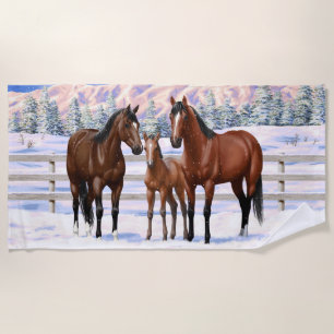 Brown Bay Quarter Horses In Snow Beach Towel
