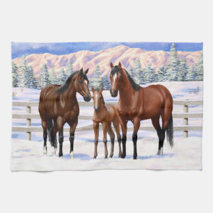 Brown Bay Quarter Horses In Snow Kitchen Towel