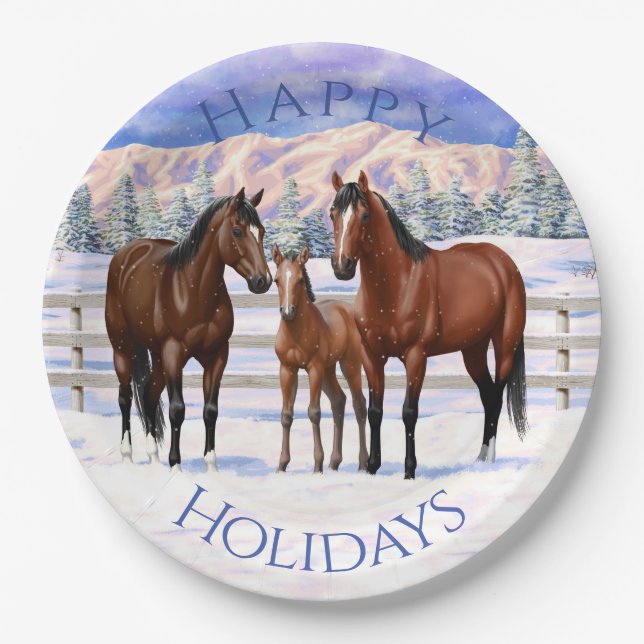 Brown Bay Quarter Horses In Snow Paper Plate (Front)