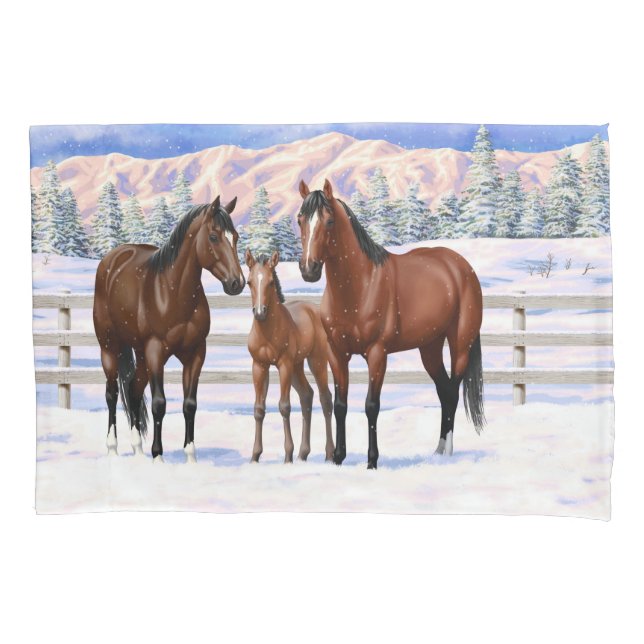 Brown Bay Quarter Horses In Snow Pillowcase (Front-Left)