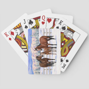 Brown Bay Quarter Horses In Snow Playing Cards