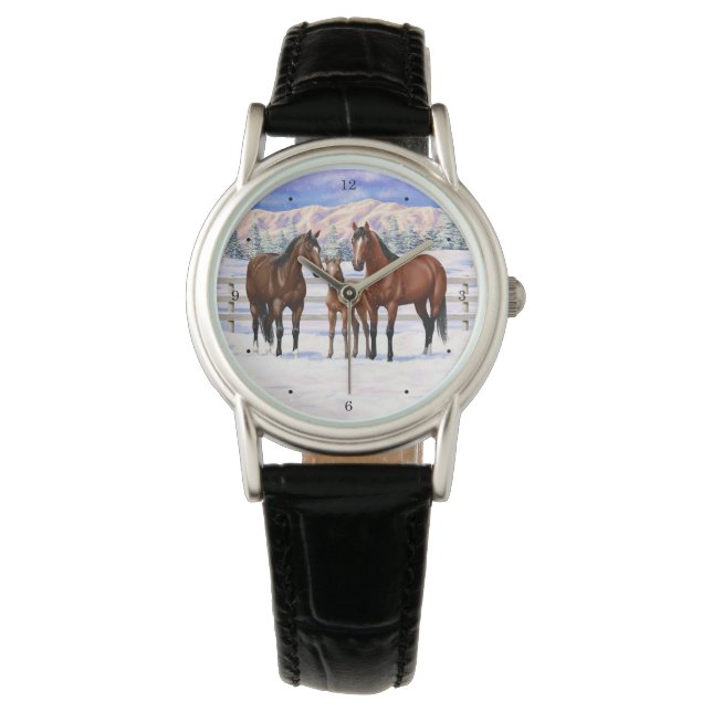 Brown Bay Quarter Horses In Snow Watch (Front)