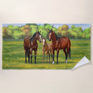 Brown Bay Quarter Horses In Summer Pasture Beach Towel