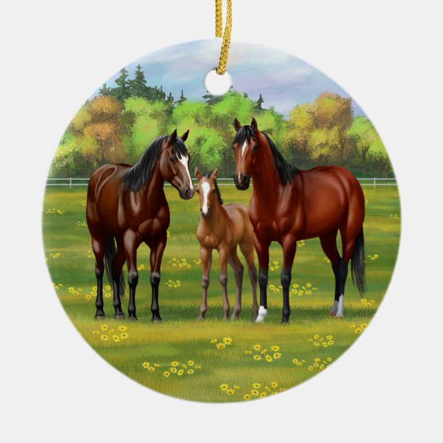 Brown Bay Quarter Horses In Summer Pasture Ceramic Ornament (Front)