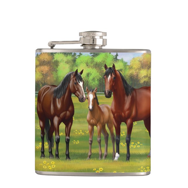 Brown Bay Quarter Horses In Summer Pasture Hip Flask (Front)