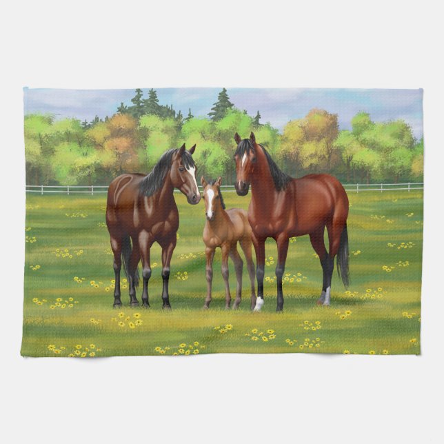 Brown Bay Quarter Horses In Summer Pasture Kitchen Towel (Horizontal)